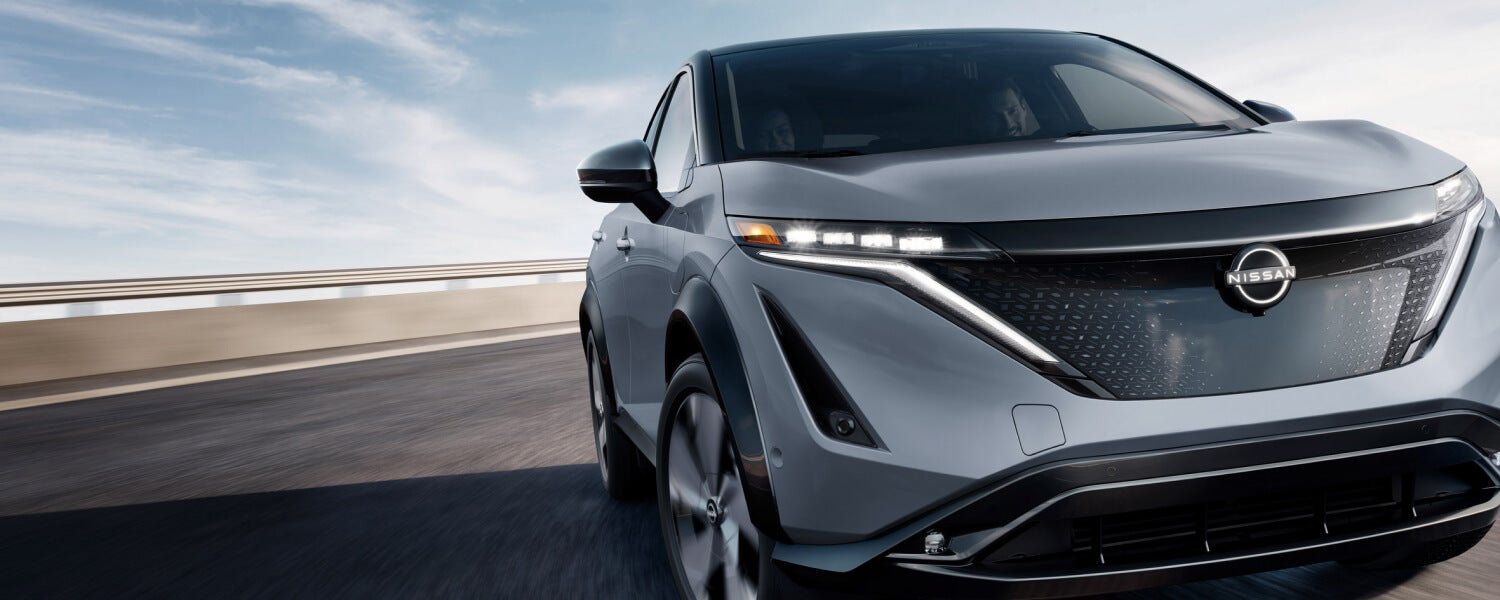 grey nissan ev front closeup